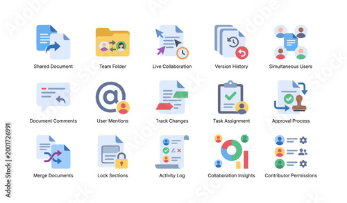 Document collaboration and workflow icons shown on white background