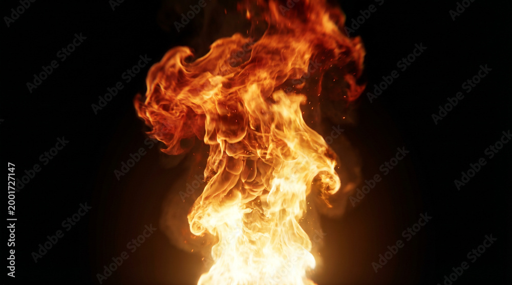 Fototapeta premium Full height ground rising fire column on black background cinematic inferno