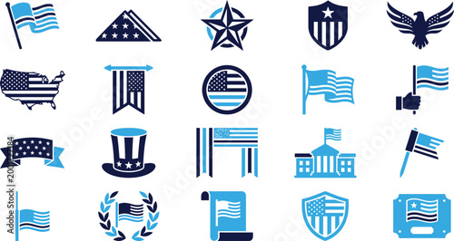 American patriotic symbols including flags maps eagles shields stars hats and government buildings.