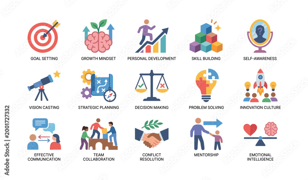 Fototapeta premium Personal development and leadership icons arranged on white background