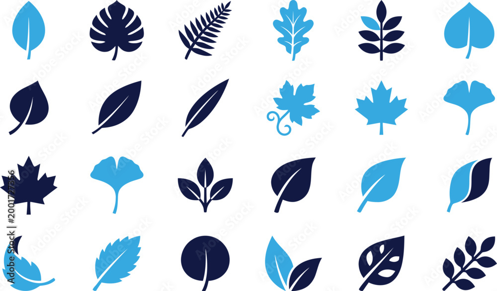 Fototapeta premium Collection of blue and dark blue leaf icons representing nature and seasons for graphic design elements.