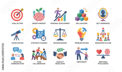Personal development and leadership icons arranged on white background