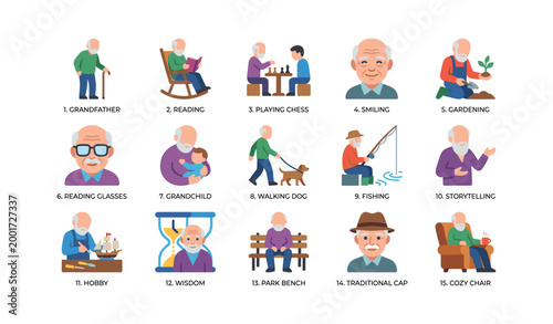 Elderly man icons depicting activities and daily life scenes