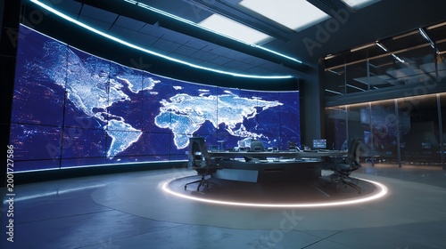 Digital world map in a futuristic control room technology concept