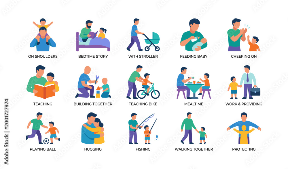 Fototapeta premium Father and child icons showing caregiving moments on white background