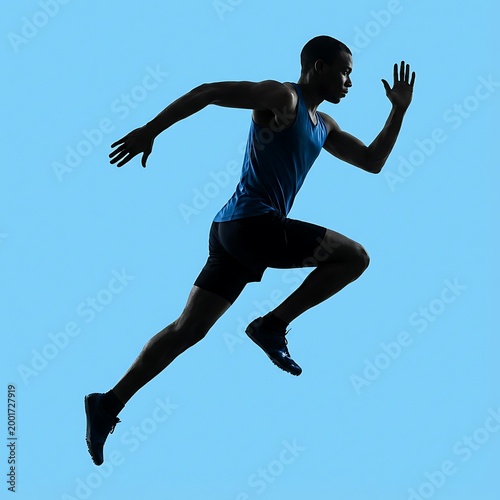 Silhouette of a male runner sprinting against a vibrant blue background.