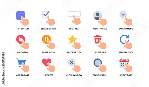 Touch interaction icons showing tap actions on white background