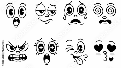 eight cartoon faces on white background showing dizzy, sad, angry, scared, and in-love expressions. Rich set for comics, apps, and emoji illustration.