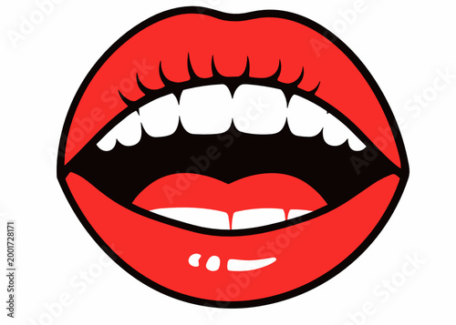 Red glossy female open mouth with full row of white teeth visible and bold black outline on white background. Pop art beauty vector graphic.