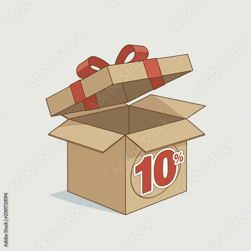 Create a realistic Open gift box with red 10 percent discount on white background - Discount sale concept. 3d rendering vector art
