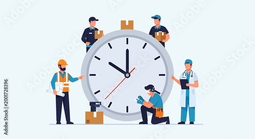 Diverse professionals collaborating around a large clock, symbolizing time management and teamwork across industries.