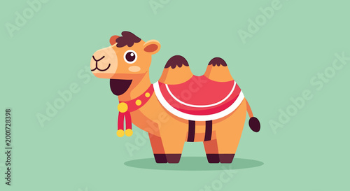 A charming cartoon illustration of a friendly camel with two humps, wearing a red saddle and a festive scarf, standing against a plain mint green background.