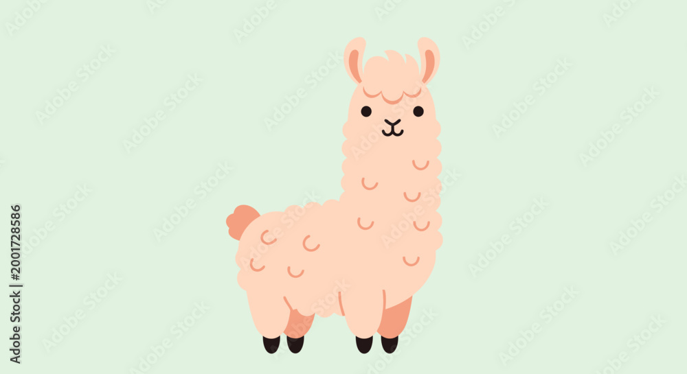Fototapeta premium A cute, fluffy, pink llama stands facing forward against a pale green background, with a simple, charming illustration style.
