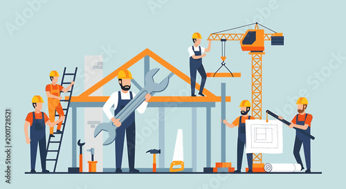 Construction workers collaborating on building a house with tools and a crane, illustrating teamwork and development.