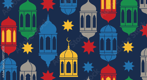 A vibrant and colorful Islamic pattern featuring traditional lanterns and star shapes on a dark blue background, evoking a festive atmosphere.