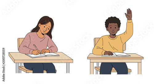 Two students, a girl writing and a boy with his hand raised, sitting at desks in a classroom setting.