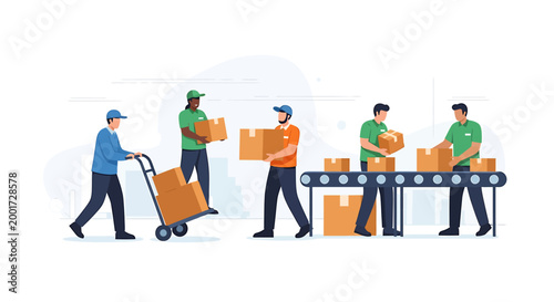 Warehouse workers efficiently handling and moving cardboard boxes on a conveyor belt and with a hand truck.