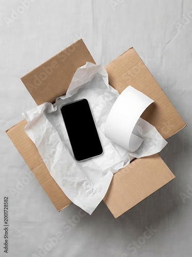 Smartphone in an open cardboard box with white tissue paper ready for shipping or unboxing.