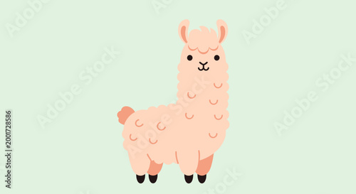 A cute, fluffy, pink llama stands facing forward against a pale green background, with a simple, charming illustration style.