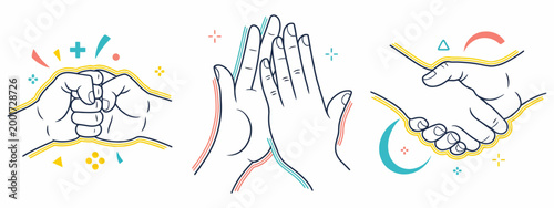 Success Gesture Icons Set with Flat Line Style, Hands Expressing Achievement and Approval with Colorful Geometric Particles, Isolated on White Background Vector Elements