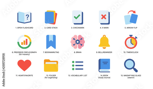 Flashcard and study icons showing progress bookmark brain and timer