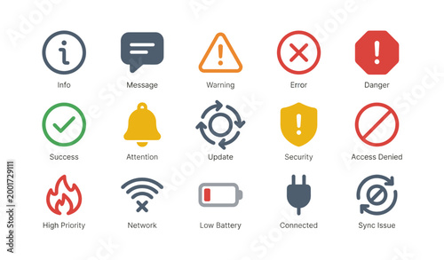 System status and alert icons arranged in grid on white background