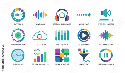 Audio streaming and buffering icons displayed in grid layout