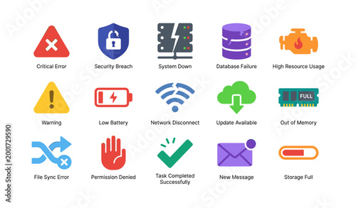 System alert icons showing warnings and failures on white background