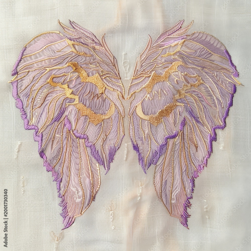 Naklejka premium Delicate wings shimmer with soft lavender and gold threads. Feathers cascade in gentle curves, evoking grace and mystery. Embroidered against a textured, vintage fabric background