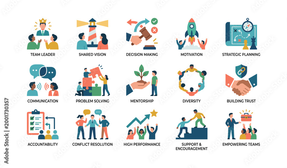 Fototapeta premium Leadership and teamwork icons arranged in grid on white background