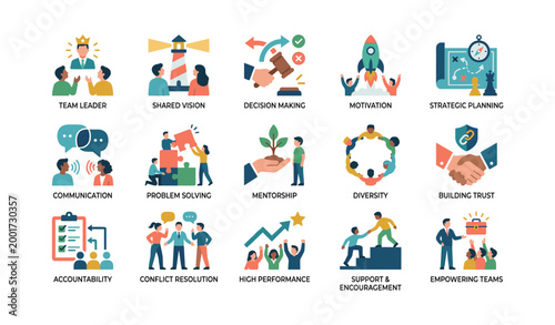 Leadership and teamwork icons arranged in grid on white background
