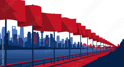 Red Flags Wave Over Futuristic Cityscape, Symbolizing Progress and Power