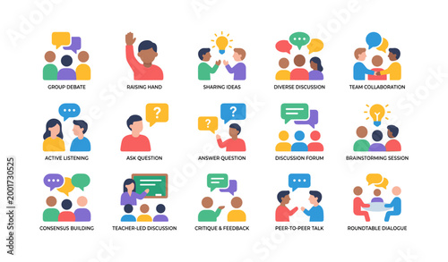 Collection of discussion icons showing group communication actions
