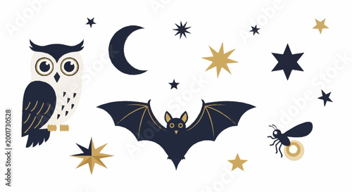 Owl Bat Insect Stars Moon.