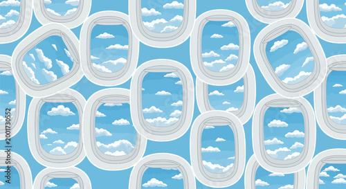 Airplane Window View Seamless Pattern: Sky and Clouds Background