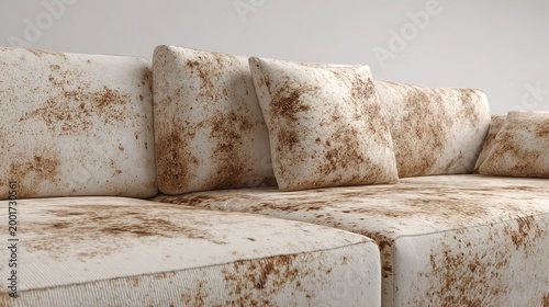 Dirty brown coffee or tea stain on white sofa close-up detail