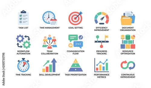 Task and productivity icons arranged in a grid on white background