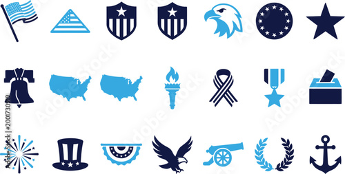 Collection of american patriotic symbols icons in flat design style vector.