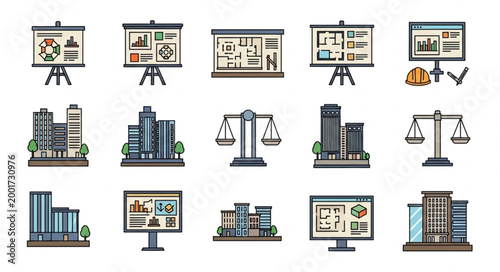 Collection of business and legal icons for presentations.
