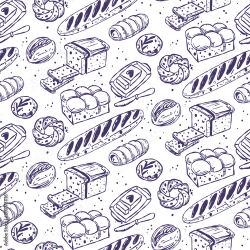 Pattern hand drawn line art illustration flat various bread types, baguettes, buns, and butter with a knife. Trendy bakery background for kitchen textile, cafe menu, or organic food wrapping paper.