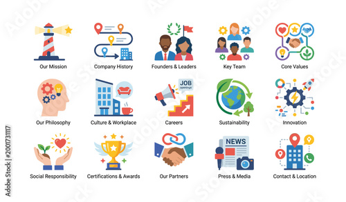 Corporate about us icons arranged in grid on white background