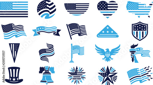 Set of american patriotic icons flat design style vector illustration.
