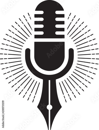 Microphone and pen nib illustration with sunburst lines symbolizing creative writing and public speaking