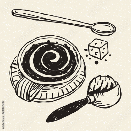 Hand drawn line art illustration flat. Cup of hot coffee with latte art, spoon, sugar cube, spoonful of ice cream. Linear flat illustration of a professional caffeine beverage for coffee house menu