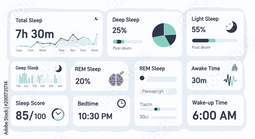 Digital sleep tracking dashboard UI with comprehensive metrics for health management and optimized rest. Displays deep, light, and REM sleep, score, and times