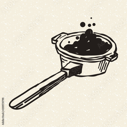 flat illustration drawn by hand. professional coffee portafilter with freshly roasted and ground beans in a special barista container. catalogs of barista tools, or designing a cafe menu