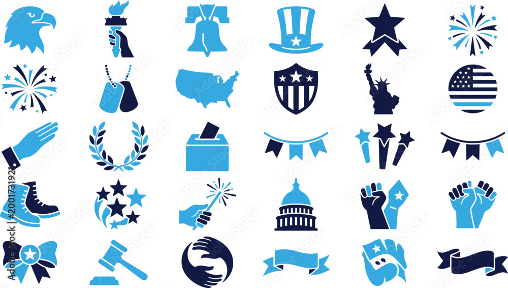 Naklejka premium Collection of patriotic American icons and symbols in blue and white for holidays and events.