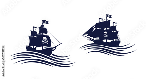 Obraz na plátne Pirate Ship Silhouette Icons, Skull Jolly Roger Flag, Sailing on Wavy Sea