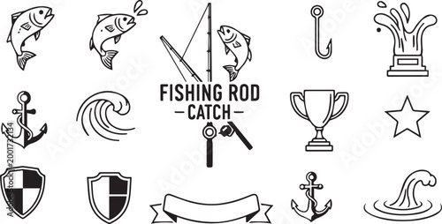Fishing Rod Catch Marine Outline Icons Set Isolated on White Background