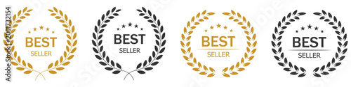 best seller award badges in gold, with laurel. Best seller label collection. Best seller badge logo isolated. Vector illustration.